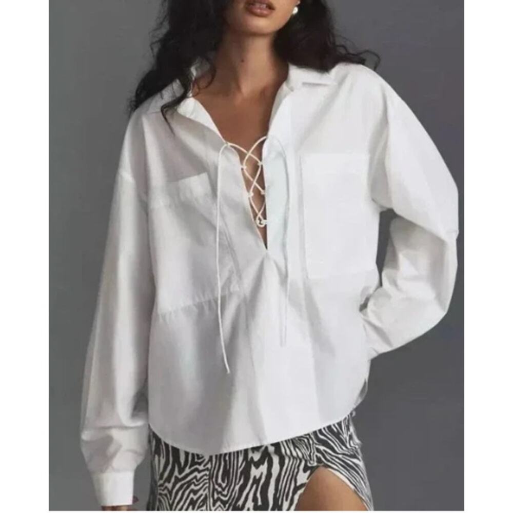 MOTHER The Roomie Lace Up Shirt XS NWT White Cotton Blouse Oversized Long Sleeve